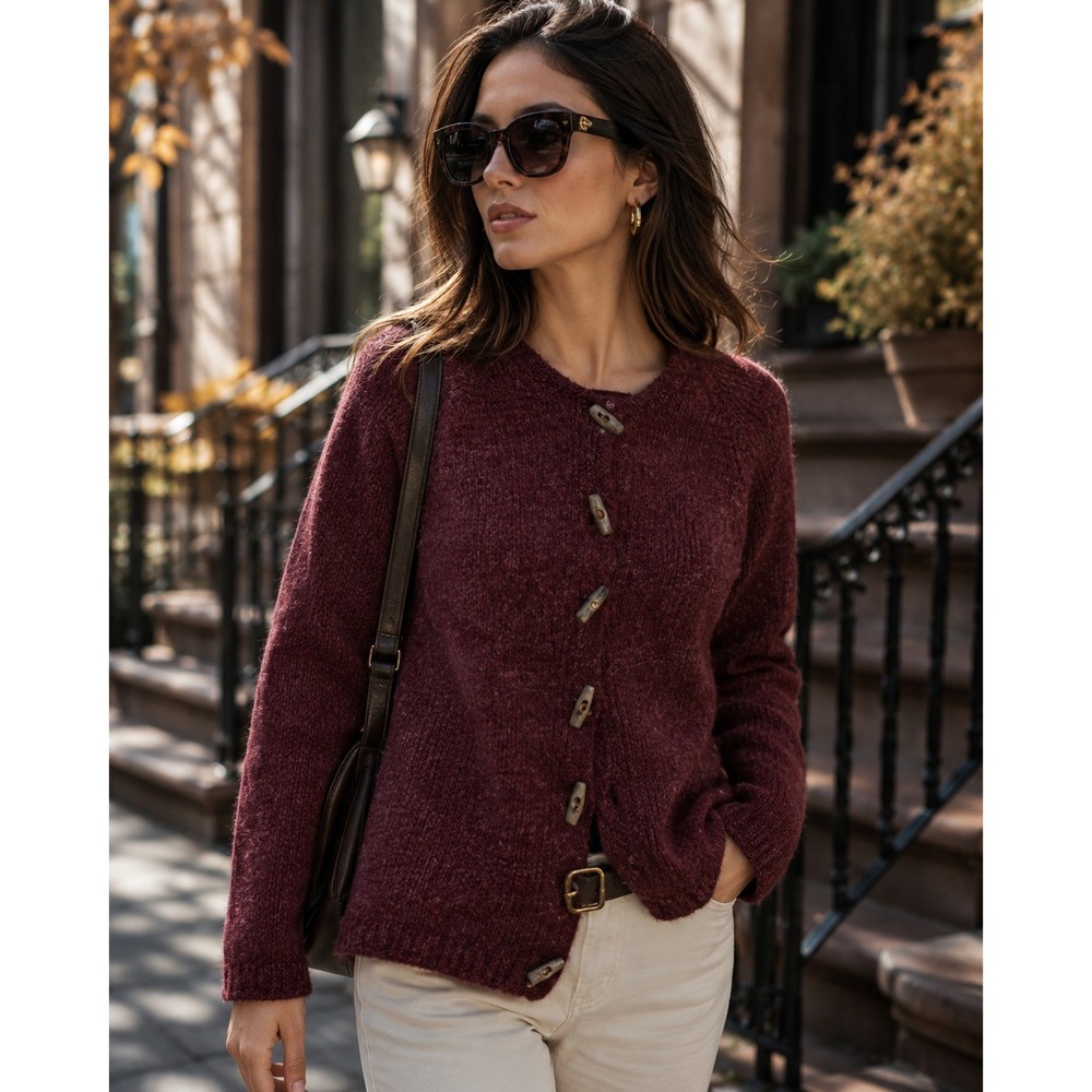 Hand Knit Burgundy Cardigan Sweater Driftwood Buttons Women's M
